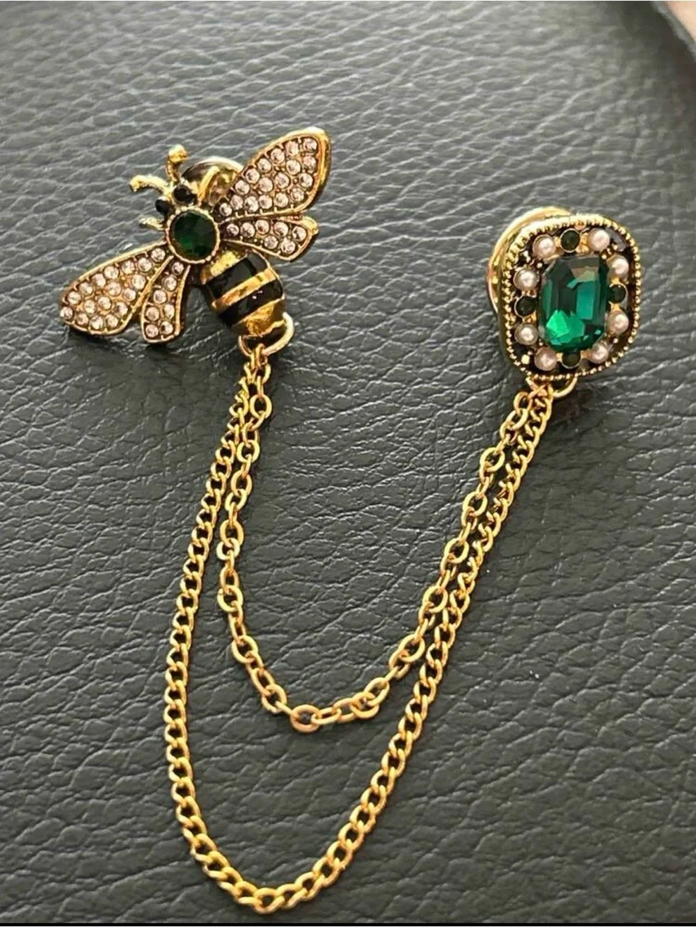 Gold Bee Double-Chain Brooch with Emerald Oval Accent